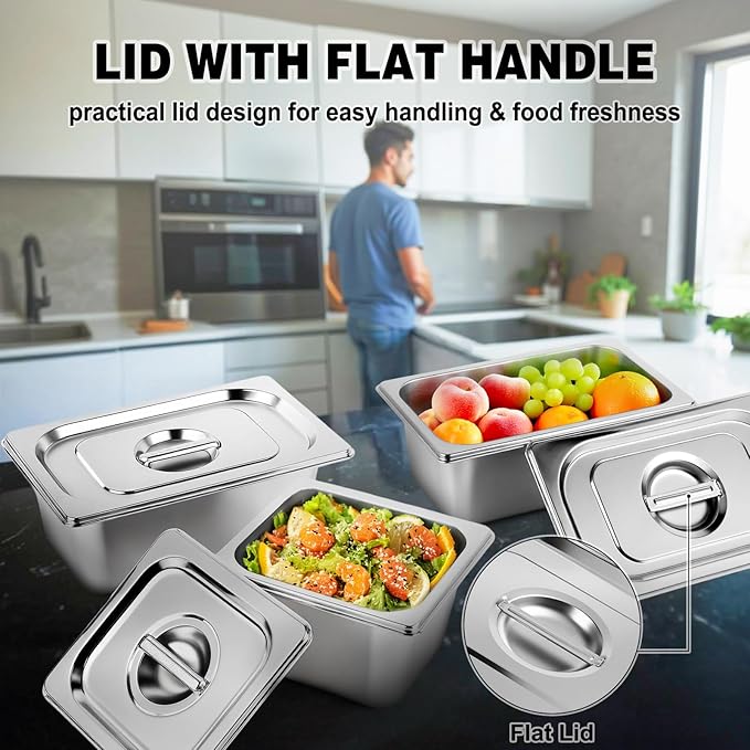 West Bay 4 Pack 1/6 Size Hotel Pan with Lids, 4'' Deep Steam Table Pan with Lid, 7''L x 6.5''W Stainless Steel Pans for Home, Party, Hotel, Buffet