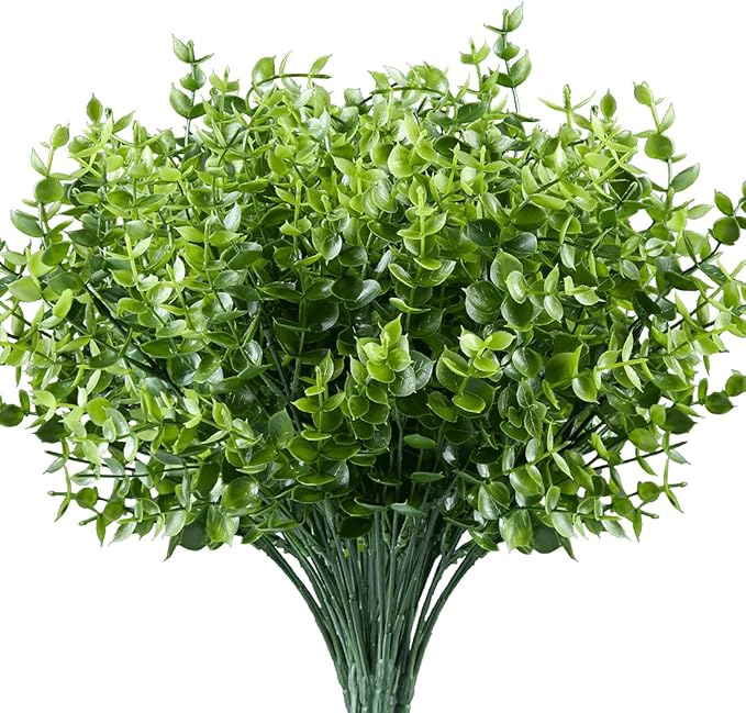 6PCS Artificial Eucalyptus Plants,Fake Boxwood Shrubs UV Resistant No Fade Faux Plastic Greenery for Wedding Bridal Bouquet Indoor Outdoor Home Garden Kitchen Office Table Vase(Green)