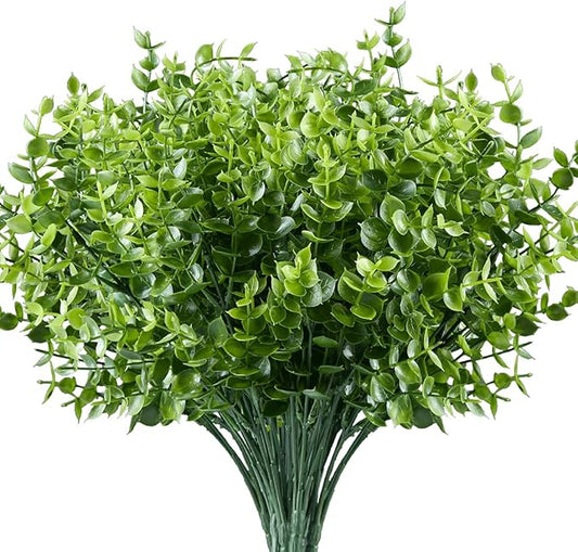 6PCS Artificial Eucalyptus Plants,Fake Boxwood Shrubs UV Resistant No Fade Faux Plastic Greenery for Wedding Bridal Bouquet Indoor Outdoor Home Garden Kitchen Office Table Vase(Green)