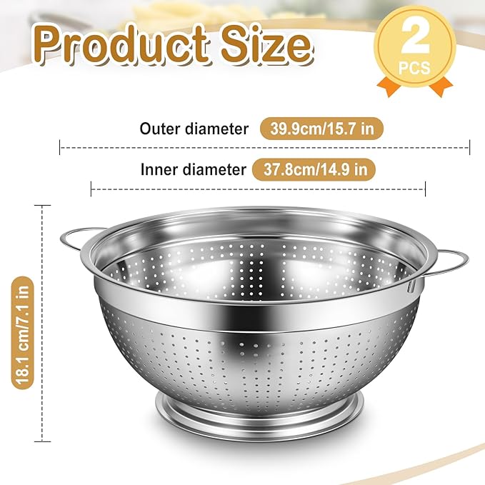 Maxdot 2 Pack 16 Quart Heavy Duty Stainless Steel Colander with Footed Base and Handles Pasta Spaghetti Berry Fruit Vegetable Kitchen Food Strainer Basket