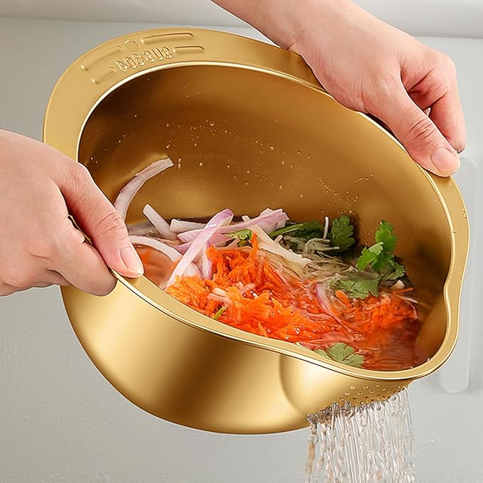 Stainless Steel Rice Strainer Bowl With Side Drainers，Rice Strainer Fine Mesh，Fine Strainers for Quinoa for Cleaning Fruits Vegetables Beans，Versatile Kitchen Tool，10.55" x 5.31" (Gold)