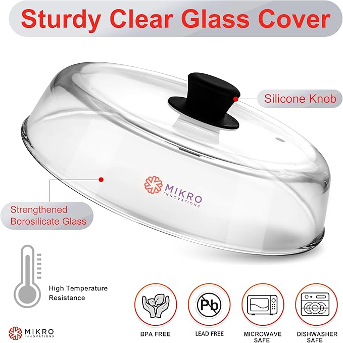 Glass Microwave splatter cover for food plate - Sturdy Borosilicate glass splatter guard with vent hole - 100% Food Safe BPA free Easy Grip Silicone Knob and Dishwasher safe - 10.5in