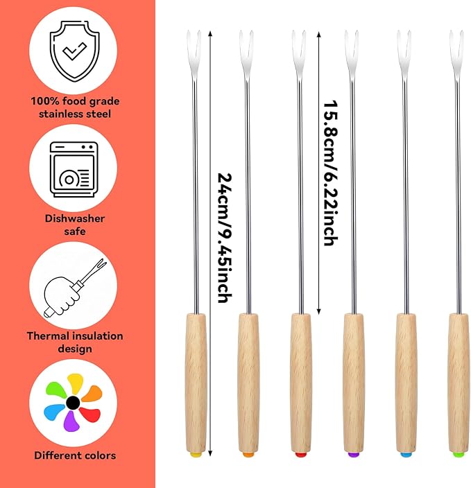 6Pcs 9.5'' Stainless Steel Fondue Forks Cheese Fondue Sticks with Color-Coding Heat-Resistant Wooden Handles, Ideal for Chocolate Fountain, Roasting Marshmallows, Grilling Meat, Desserts & Barbecue