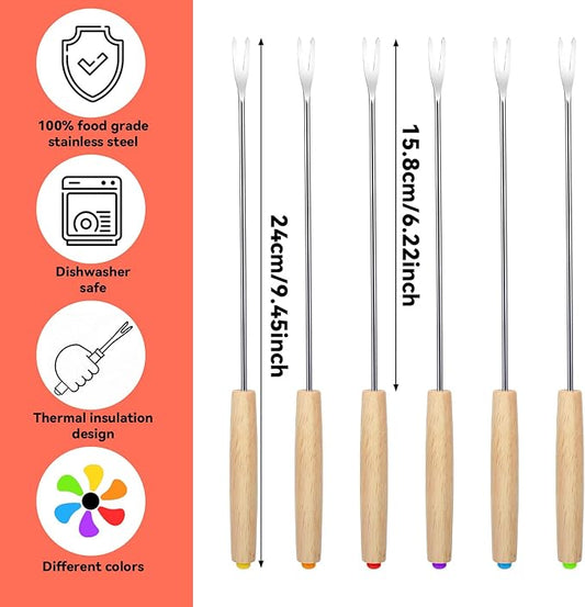 6Pcs 9.5'' Stainless Steel Fondue Forks Cheese Fondue Sticks with Color-Coding Heat-Resistant Wooden Handles, Ideal for Chocolate Fountain, Roasting Marshmallows, Grilling Meat, Desserts & Barbecue