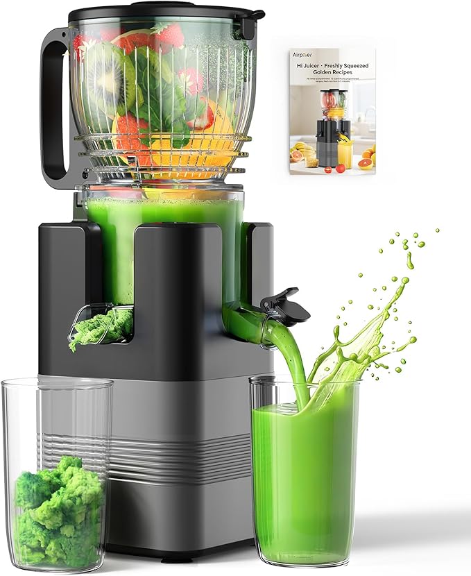 Airpher 400W Cold Press Juicer, 5.8" Wide Feed Chute Slow Masticating Juicer Machines for Whole Fruits & Vegetables | High Juice Yield, Easy to Clean | Valentine's Day Gift Ideas for Women (Dark gray)