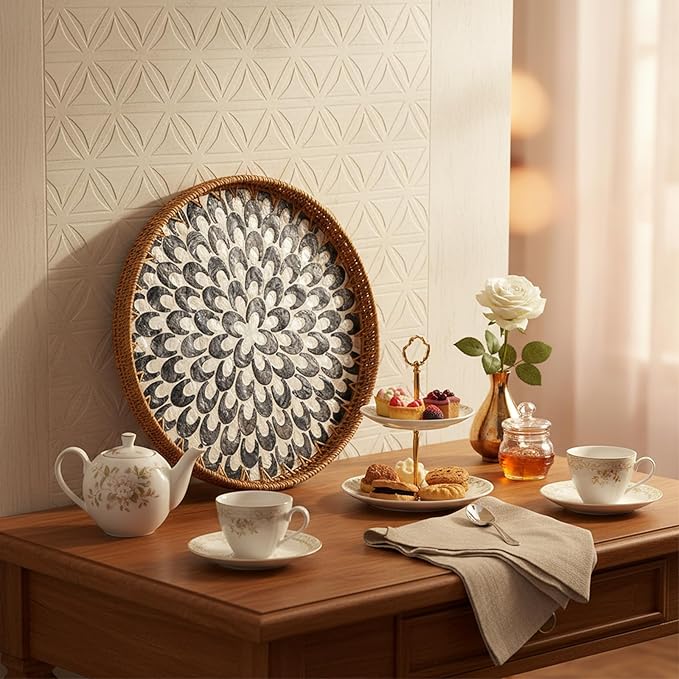 16 inch Round Rattan Tray with Mother of Pearl Inlay Wicker Serving Tray with Wooden Base Boho Decorative Wicker Basket for Table Decor Bathroom Candle Perfume(Plume)