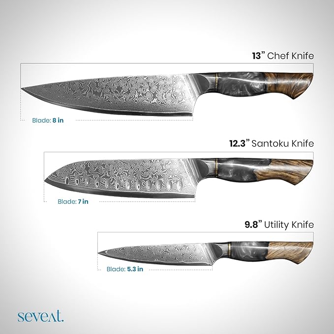 Damascus Kitchen Knife Set, 67-Layer Damascus Steel, 3-Piece Professional Set: 13” Chef, 12.3” Santoku & 9.8” Utility Knife, Ergonomic Wood & Resin Handle, Ideal for Gifting (Black, 3 pieces)