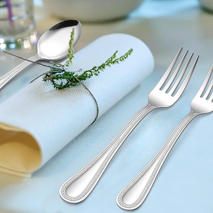 E-far Salad Forks Set of 12, 6.9 Inch Pearled Edge Dessert Forks Stainless Steel Suitable for Party, Home, Kitchen and Restaurant, Non-toxic & Mirror Polished, Dishwasher Safe