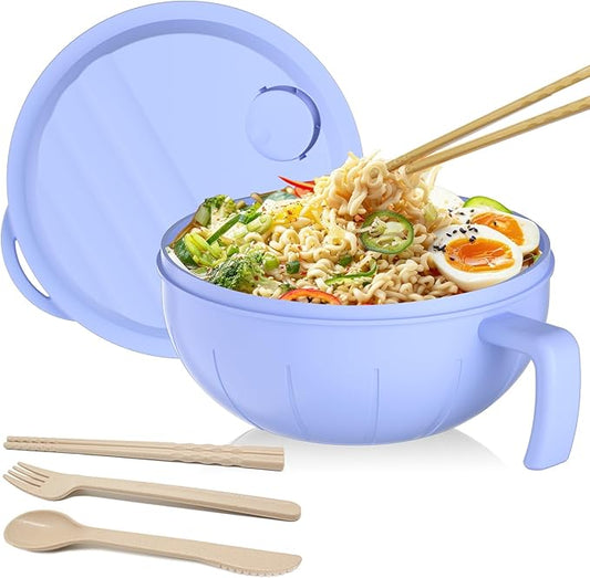 steo spce Large Ramen Bowl Set, 40 Oz Microwaveable Noodle Cooker with Leak-Proof Lids, Chopsticks, Spoon & Fork – Portable and Dishwasher Safe, Ideal for Home, Office, Dorm, or Gift Light (Purple)