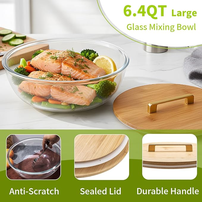 6.5Qt Extra Large Glass Mixing Bowl with Lid, Clear Large Salad Bowls with Airtight Bamboo Lid & Handle,Thickened Glass Big Mixing Bowls Cooking Bowl for Food Prep, Kitchen,Dinner, Borosilicate Glass