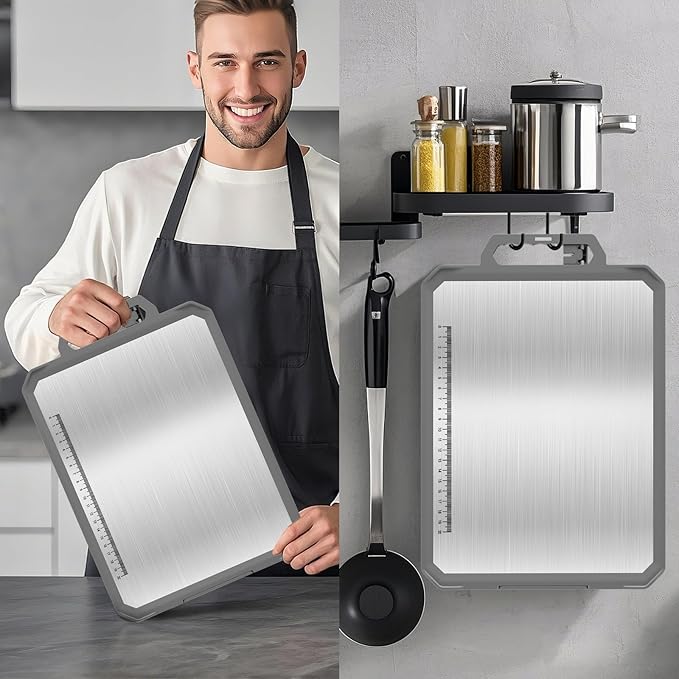 1PCS Stainless Steel Cutting Board, Double Sided Non Toxic Chopping Board for Kitchen, Food Grade, Easy to Clean, 17.2"*12" Large Size (1 side Stainless Steel Other side Wheat Straw PP)