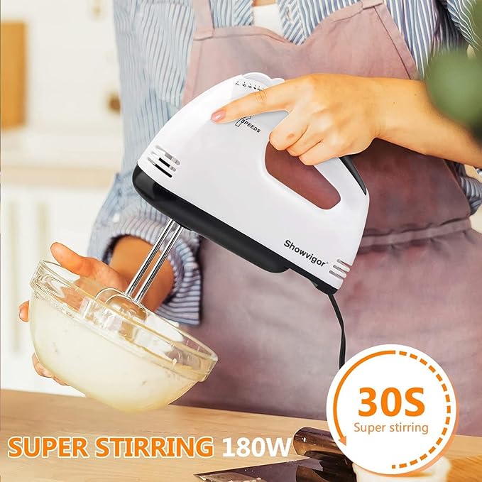 Showvigor 7-Speed Electric Hand Mixer with 5 Stainless Steel Accessories, Eject Button Handheld Whisk Food Beaters for Blending or Cooking, Dishwasher Safe, Off-white