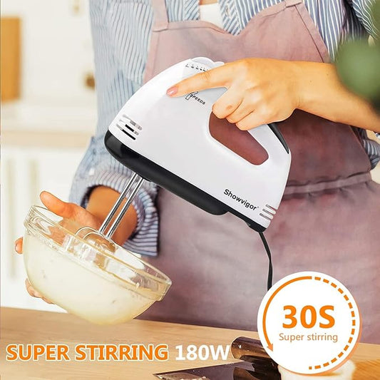 Showvigor 7-Speed Electric Hand Mixer with 5 Stainless Steel Accessories, Eject Button Handheld Whisk Food Beaters for Blending or Cooking, Dishwasher Safe, Off-white
