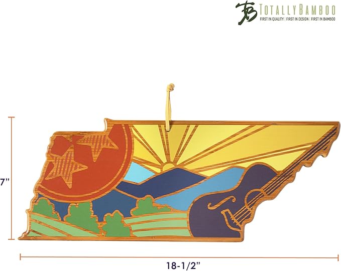 Totally Bamboo Tennessee State Shaped Cutting Board and Charcuterie Serving Platter with Artwork by Summer Stokes, Includes Hang Tie for Wall Display