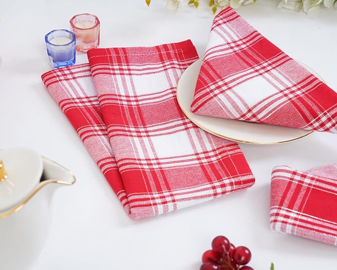 Blue Needles Gingham Buffalo Plaid Cloth Napkins 100% Cotton Set of 12 Dinner Table Napkins 18x18 inch Soft, Reusable, Washable Perfect for Valentine's Day Parties & Everyday Use - Silver Red & White