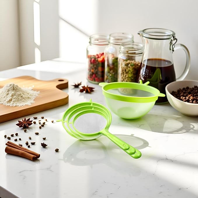 Flour Sifter with Long Handle, 3 Pcs/Set Green Plastic Hangable Flour Colander Powder Filter Strainer Fine Mesh Colander Coffee Filter Tea Strainer, Strainers and Colanders Food Strainers