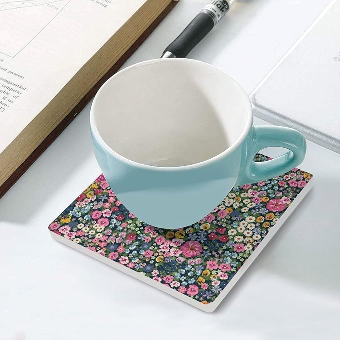 Floral Drink Coasters, Square Ceramic Drink Coaster Square-6PCS, Cartoon Abstract Wildflower Nature Plant Colorful Floral Decor Absorbent Ceramic Coasters for Beverage Cup, Bar, Coffee Table