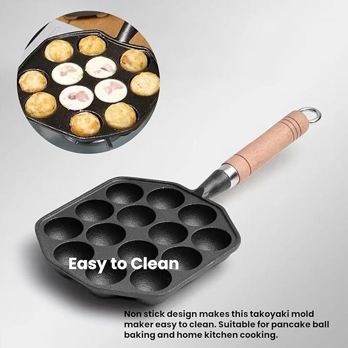Topyond Cast Iron Aebleskiver Pan, 14 Holes Takoyaki Nonstick Cast Iron Ebelskiver Pan, Mochi Maker Grill Pancake Pan with Detachable Handle