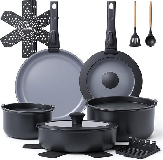 Ammeloo 18 Pcs Pots and Pans Set Non Stick, Induction Ceramic Cookware Set with Detachable Handle,Non Toxic Kitchen Cooking Set with Removable Handle for RVs,Camping,Fridge, Dishwasher/Oven Safe,Black