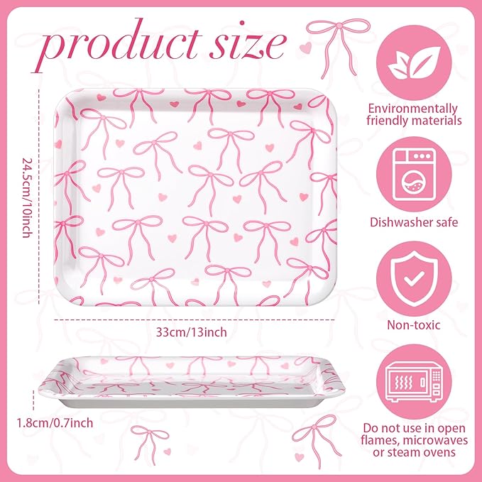 Tioncy 3 Pcs Pink Bow Serving Tray Bowknot Reusable Plate Dish 13" x 10" Decorative Tray Platter for Serving Food Room Organiser Home Party Supplies