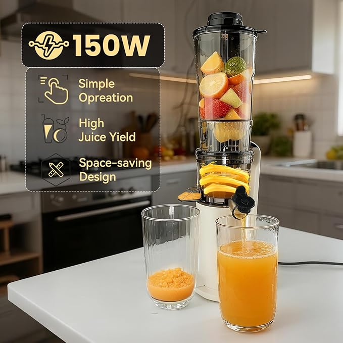 Nefaracy Cold Press Juicer, 3.1 Inch Juicer Machines, 150W Masticating Slow Juicer, Juice Machine for Vegetables and Fruits, Easy to Clean Juicers, High Juice Yield, Offwhite