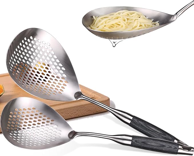MARTE Skimmer Slotted Spoon,304 Stainless Steel Pasta Spider Strainer Ladle for Frying and Cooking,Set of 2 Kitchen Colanders & Food Strainers，Serving Spoon with Heat-Resistant Solid Wood Handle