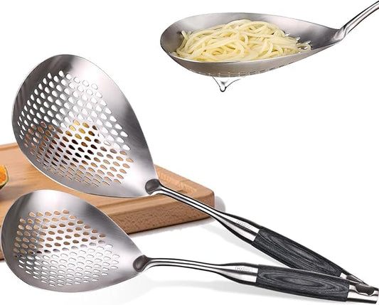 MARTE Skimmer Slotted Spoon,304 Stainless Steel Pasta Spider Strainer Ladle for Frying and Cooking,Set of 2 Kitchen Colanders & Food Strainers，Serving Spoon with Heat-Resistant Solid Wood Handle