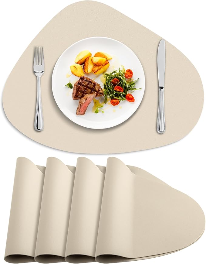 Placemats Set of 4, Heat Resistant Leather Placemats Double Layer, Soft Waterproof Round Table Mats Easy to Clean for Kitchen Dining Room Coffee Office Table, Beige