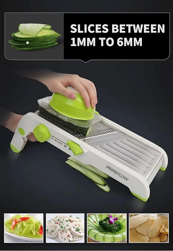 Adjustable Stainless Steel Mandoline Slicer – Multifunctional Vegetable Cutter & Julienne Tool with Safety Guard and Container – Ideal for Potatoes, Cucumbers, Carrots, Onions, Tomatoes