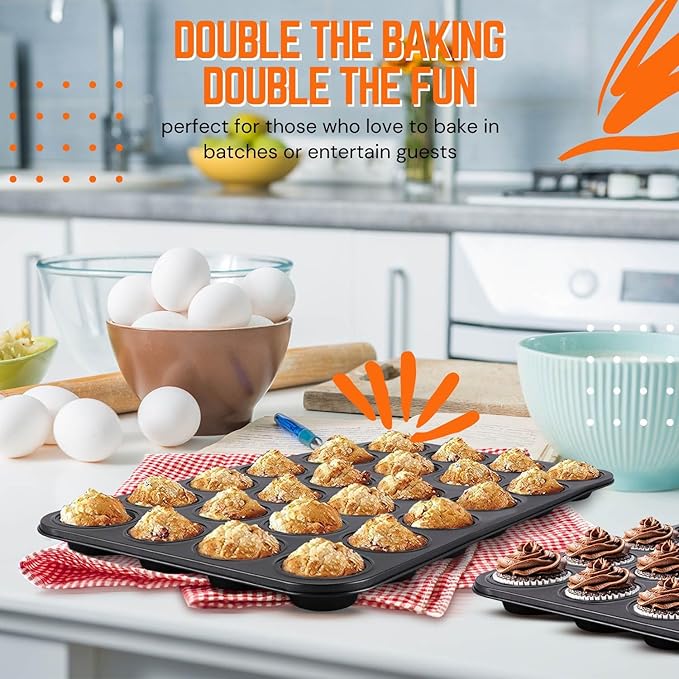 Flexzion Muffin Tray Cupcake Baking Pan 2 Pack, 24-Cup Nonstick Carbon Steel Muffin Tins Non-Stick Cupcake Tin Bakeware Accessories for Baking Cupcakes Muffin Brownies Snacks, Easy Clean, Fridge Safe