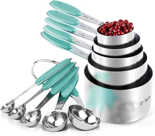 Measuring Cups : U-Taste 18/8 Stainless Steel Measuring Cups and Spoons Set of 10 Piece, Upgraded Thickness Handle(Aqua Sky)