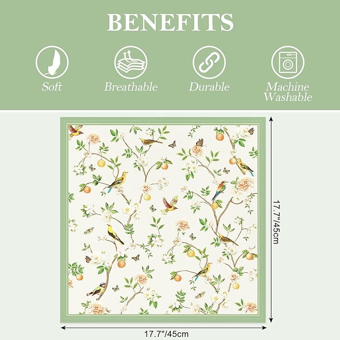 Bird Branch Napkins, 18×18 Inch Floral Dinner Cloth Napkins Set of 4, Washable Cotton Soft Absorbent Square Napkins for Dining Kitchen Party Wedding Decoration