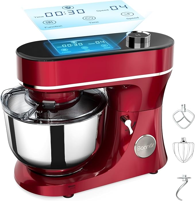 Bonnor Stand Mixer 6QT Kitchen Mixer with LED Smart Touchscreen, 11-Speed Tilt-Head Mixer with Timer, 4 Preset Menus, Stainless Steel Bowl, Dough Hook, Whisk, Beater,Red