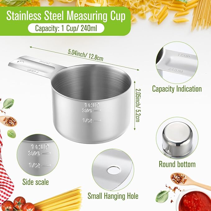 Honeydak 12 Pcs 1 Cup Measuring Cup Stainless Steel Metal Measure Scoop Single Measurement Scoop for Kitchen Coffee Wet and Dry Ingredients Dog Food