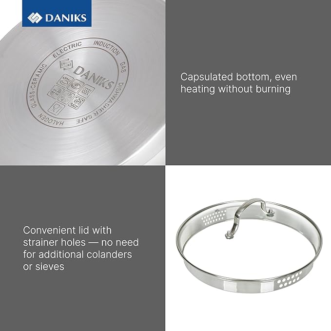 Daniks Tokio Stainless Steel Stock Pot 3 Quart, with Glass Strainer Lid, Induction Ready, Dishwasher Safe, Measuring Scale, Silver