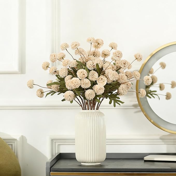 Beige Fake Flowers Long Stem 10PCS, Artificial Flowers Silk Mini Chrysanthemums for Vase, Fake Pompon Mums Vintage Dried Faux Decorative for Home Centerpieces Farmhouse