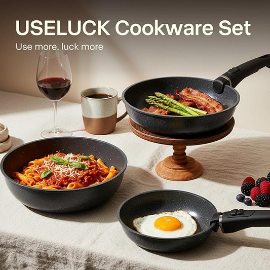 Pots and Pans Set Non Stick, Ceramic Cookware Sets 21 PCS, Granite Induction RV Kitchen Portable Stackable Cooking Set Removable Handles, Dishwasher ＆ Oven Safe, Black