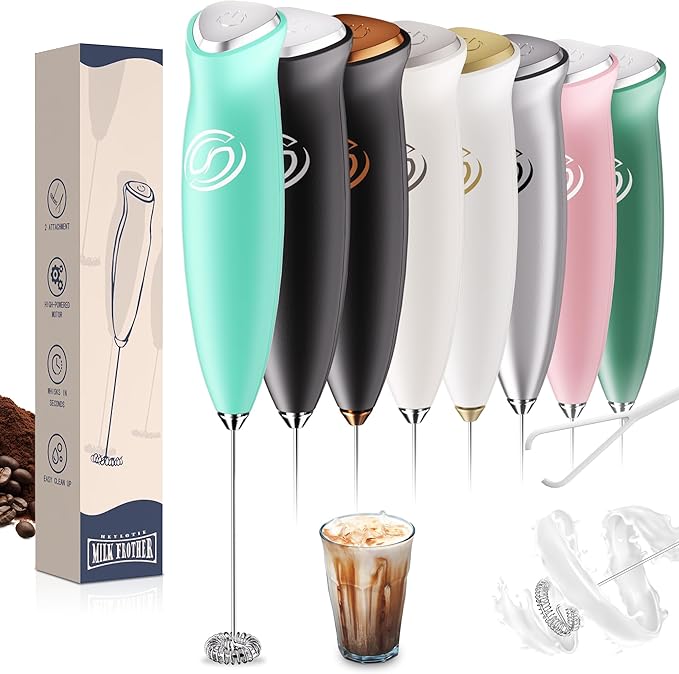 HeyLotie Milk Frother Handheld Frother Wand Drink Mixer Handheld Coffee Stirrers Electric Frother for Coffee Mixer Wand with 2 Whisk frother for protein powder coffee frother handheld-Aqua