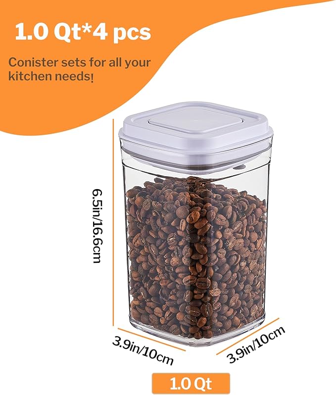 Pop Airtight Food Storage Container Set, 4 Pcs Cereal Storage Organizer Canisters with Pop Lids, BPA-Free, Vacuum Seal & One-button Opening, Stackable Pantry Containers for Dry Food Storage