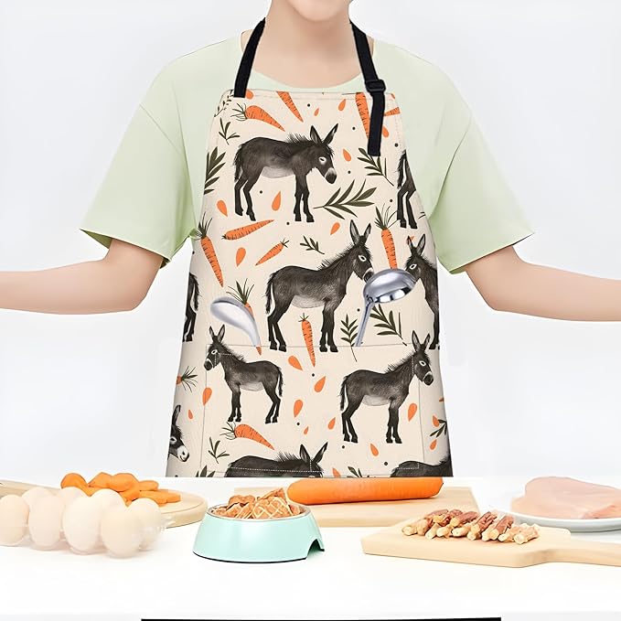 Donkey and Carrot Apron,Adjustable Waterproof Oxford Fabric Kitchen Apron with 2 Pockets for Men and Women, Cooking, Baking, BBQ, Coffee Shop, Housewarming Gifts, 28x33 Inches