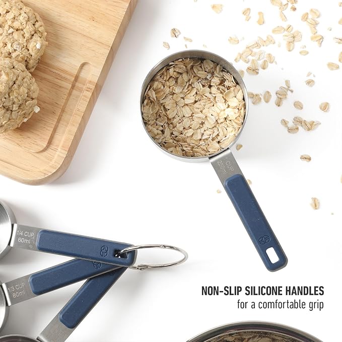 Calphalon Prime 4 Piece Stainless Steel Measuring Cups W/Navy Blue Silicone Handles