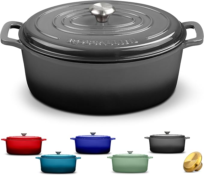 ROSSALLINI Signature Enameled Cast Iron Oval Dutch Oven | Non-Stick Serving Pot with Tight Fitting Lid for Perfect Roasting, Baking, Sauteing, and Bread Making | 6.75Q [Oyster Grey]