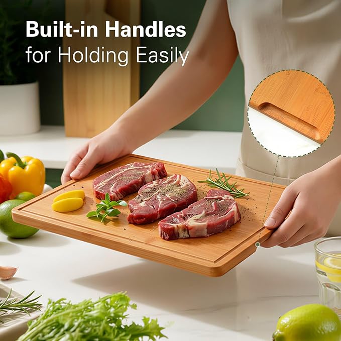 Zarler Bamboo Cutting Boards for Kitchen, 4 Piece Durable Wood Cutting Board with Juice Grooves and Handles, Wooden Chopping Board Set for Meal Prep, XL Size, Ideal Kitchen Gift