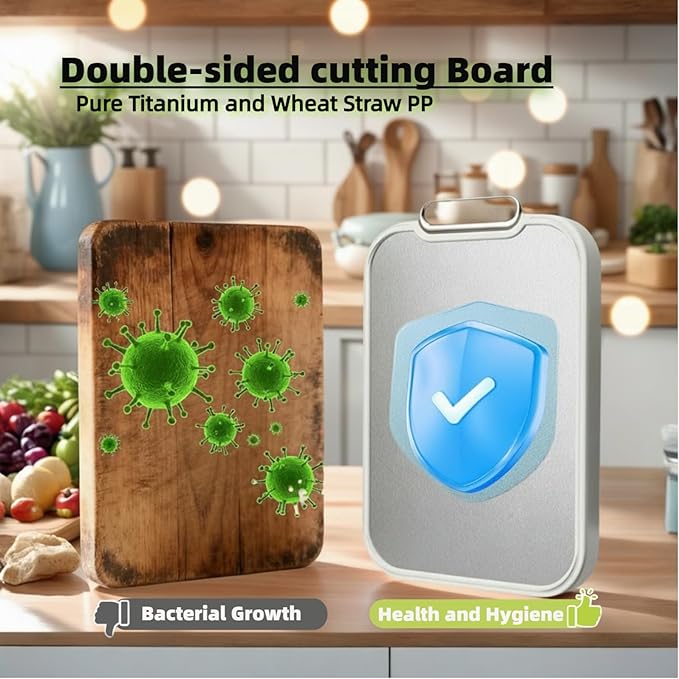 Cutting Board for Kitchen, Cutting Boards Non Toxic Double Sided Metal Pure Titanium and Wheat Straw PP Chopping Board Food Grade Easy to Clean Large Size 16"*10"*0.9"