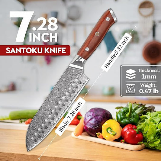 Purple Dragon Santoku Knife 7 Inch, VG10 Steel Damascus Japanese Chef Knife for Kitchen Cooking Meat Cleaver, Cutting Vegetables and Fruit - Christmas Gift for Men and Women