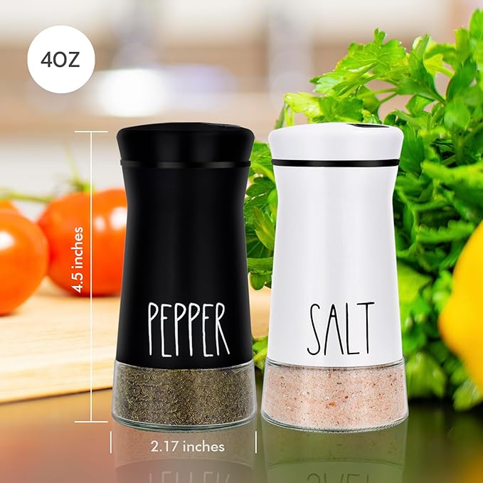 Farmhouse Salt and Pepper Shakers with Adjustable Pour Holes, Refillable Salt Shaker by Aelga, Ideal for Himalayan, Kosher, Black and White Pepper