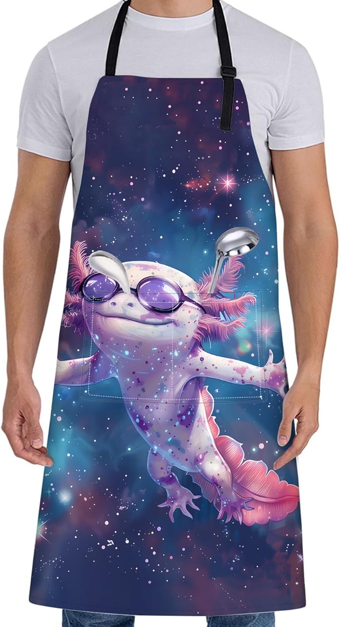 Cute Axolotl Apron for Women with Space,28x33in,Fun Cool Cosmic Kitchen Aprons with 2 Pockets,Oxford Fabric,Playful Adjustable Apron for Cooking Baking Gardening Chef,Gifts for Mom Wife