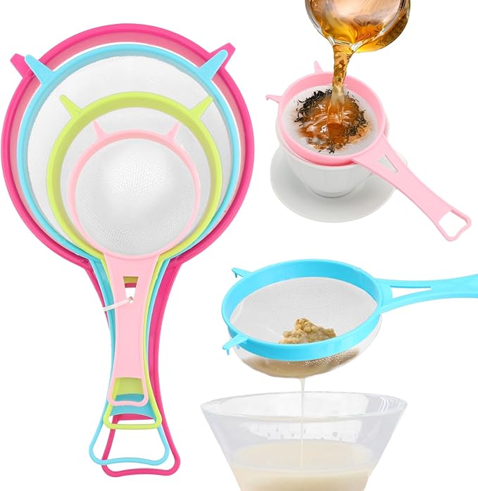 4Pcs Mesh Strainer Set, Plastic Fine Colander Set, Flour Sieve Filter Spoon with Handles, Sugar Sifters Fine Strainer Tea Filter for Filtering Coffee Juice Milk Honey Wine Pasta (COLOR:Random Colors)