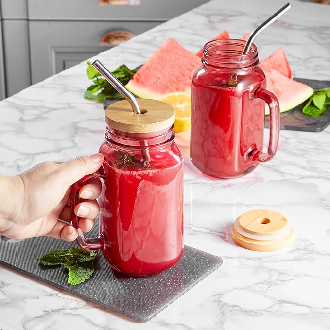 DRASTAR 24oz Drinking Glasses with Handle, Mason Jar with Lid and Straw, Mason Jars with Regular Mouth, Iced Coffee Cups, Pink