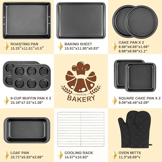 Gymdin 12PCS Nonstick Bakeware Set, Non-Toxic Carbon Steel Baking Pans Set with Wider Grip, Includes Roasting Pan, Cookie Sheet, Cake Pans, Muffin Pans, Cooling Rack, Oven Mitts, Easy Release
